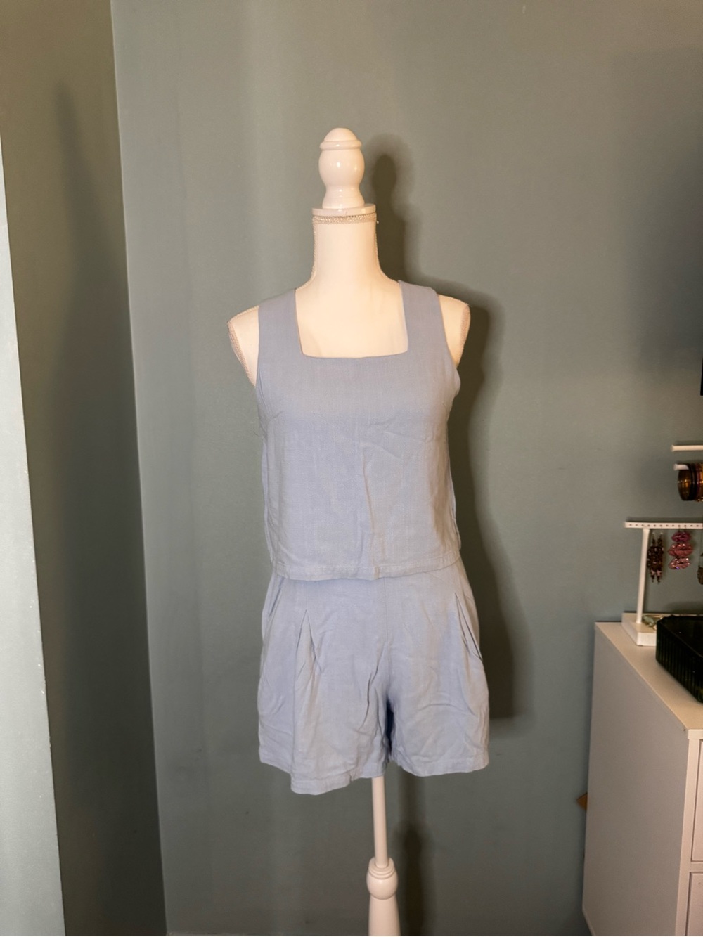 Linen Blend Blue Sleeveless Tank and Shorts Set Small